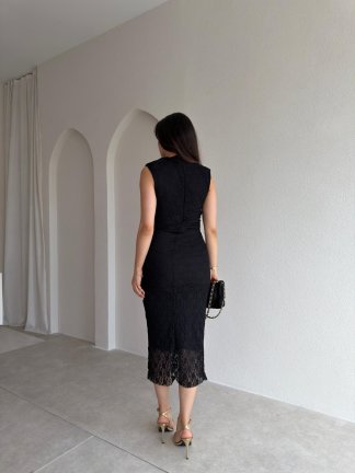 CAPRİCE Dantelli Midi Elbise 1811 - Siyah - 3