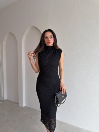 CAPRİCE Dantelli Midi Elbise 1811 - Siyah - 2