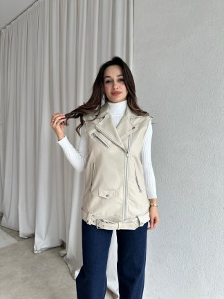 CAROLİNA Deri Yelek 8449 - Krem 