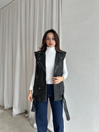CAROLİNA Deri Yelek 8449 - Siyah - 2