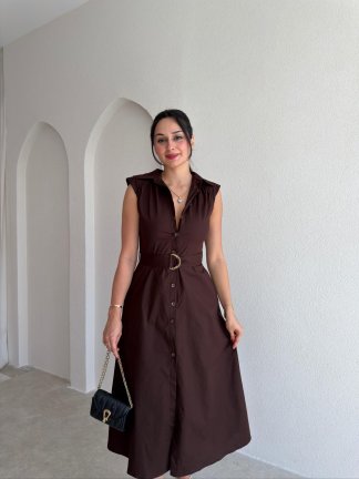 CARPET Düğmeli Midi Elbise 4023 - Acı Kahve 