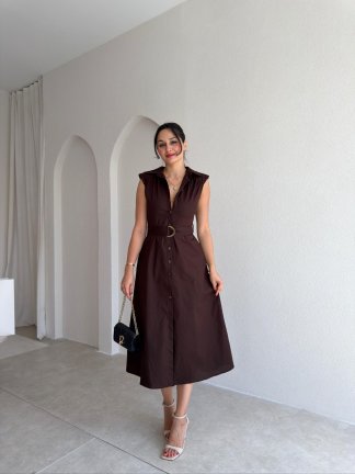CARPET Düğmeli Midi Elbise 4023 - Acı Kahve - 3