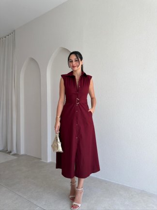 CARPET Düğmeli Midi Elbise 4023 - Bordo - 2