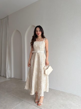 CARREY Kemerli Midi Elbise 5212 - Krem Rengi - 2