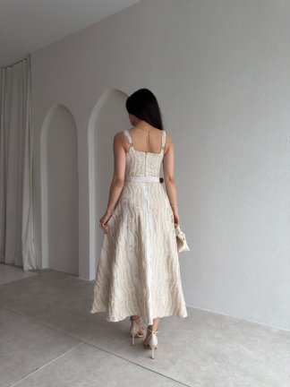 CARREY Kemerli Midi Elbise 5212 - Krem Rengi - 3