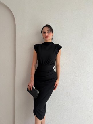 CASSİE Broşlu Midi Elbise 8400 - Siyah - 2