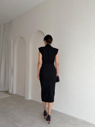 CASSİE Broşlu Midi Elbise 8400 - Siyah - 3