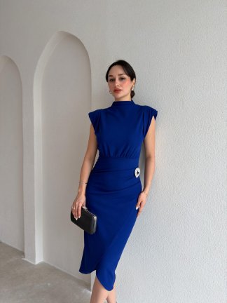 CASSİE Broşlu Midi Elbise 8400 - Saks Mavisi - 2