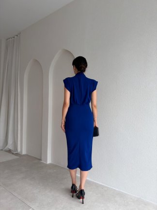 CASSİE Broşlu Midi Elbise 8400 - Saks Mavisi - 3