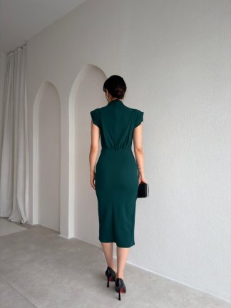 CASSİE Broşlu Midi Elbise 8400 - Zümrüt Yeşili - 3