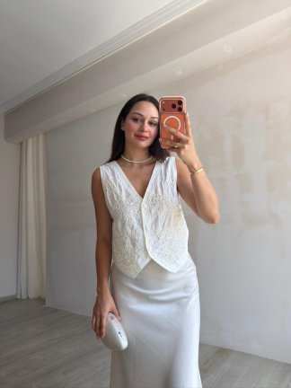 CELENA İşleme Detaylı Yelek 4213 - Beyaz - 3