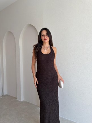  CENTRAL Dokulu Maxi Elbise 7852 - Acı Kahve 