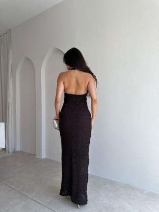  CENTRAL Dokulu Maxi Elbise 7852 - Acı Kahve - 3
