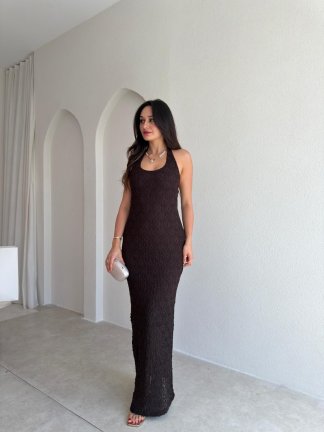  CENTRAL Dokulu Maxi Elbise 7852 - Acı Kahve - 2