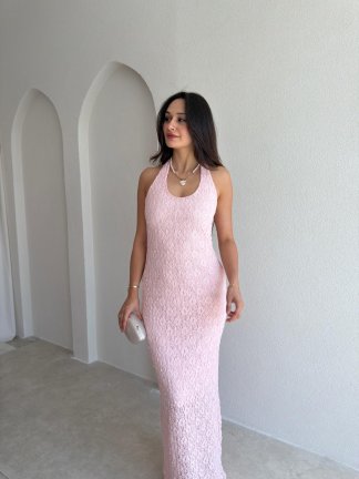 CENTRAL Dokulu Maxi Elbise 7852 - Pembe 