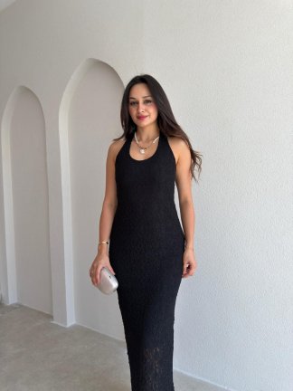 CENTRAL Dokulu Maxi Elbise 7852 - Siyah 
