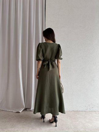 Müslin Kumaş CHESTER Midi Elbise 4558 - Haki - 3