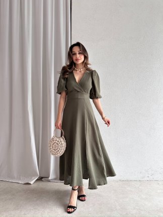 Müslin Kumaş CHESTER Midi Elbise 4558 - Haki - 2