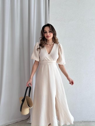 Müslin Kumaş CHESTER Midi Elbise 4558 - Krem - 1