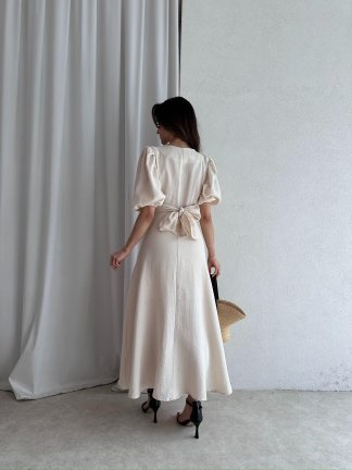 Müslin Kumaş CHESTER Midi Elbise 4558 - Krem - 3