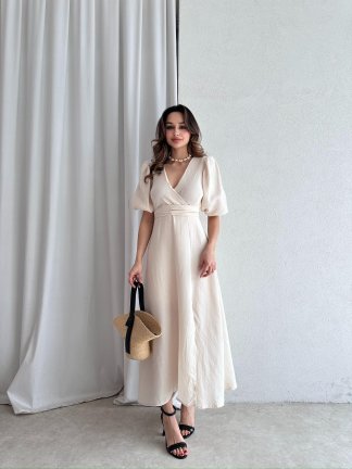 Müslin Kumaş CHESTER Midi Elbise 4558 - Krem - 2