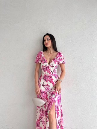 Çiçek Desenli Midi DAİSY Elbise 4200 - Fuşya - 1