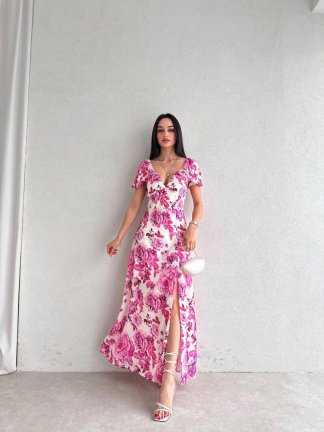 Çiçek Desenli Midi DAİSY Elbise 4200 - Fuşya - 2