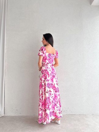 Çiçek Desenli Midi DAİSY Elbise 4200 - Fuşya - 3