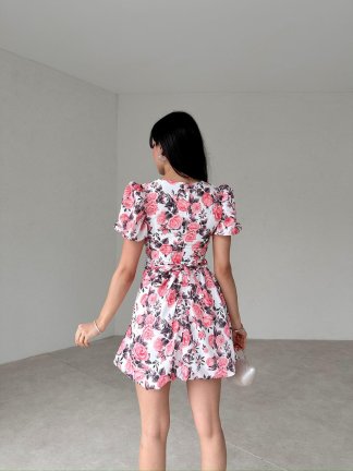 Çiçek Desenli Mini JULİKA Elbise 2044 - Pembe - 3