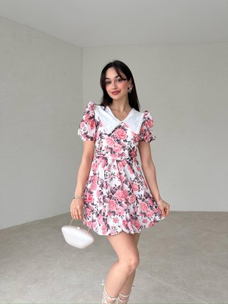 Çiçek Desenli Mini JULİKA Elbise 2044 - Pembe - 1