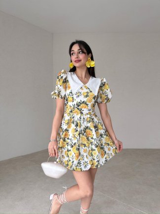 Çiçek Desenli Mini JULİKA Elbise 2044 - Sarı 
