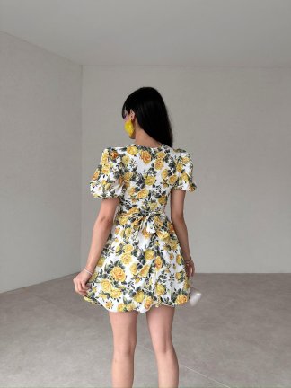 Çiçek Desenli Mini JULİKA Elbise 2044 - Sarı - 3