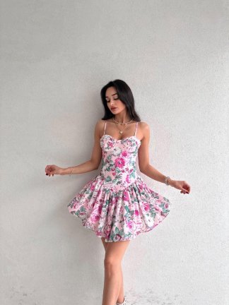 Çiçek Desenli Mini RANGER Elbise 6439 - Fuşya 