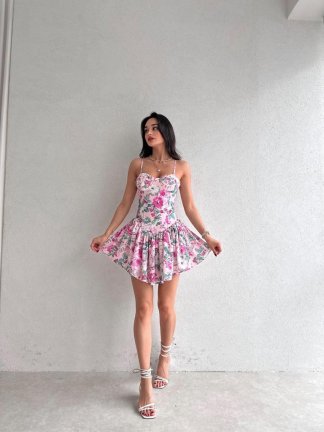 Çiçek Desenli Mini RANGER Elbise 6439 - Fuşya - 2