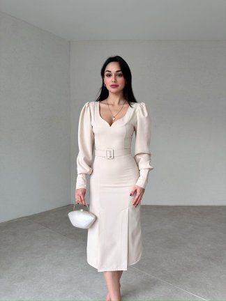 Çift Yırtmaçlı Midi OSWALD Elbise 2053 - Krem - 3