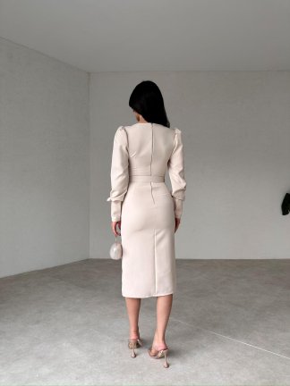 Çift Yırtmaçlı Midi OSWALD Elbise 2053 - Krem - 5