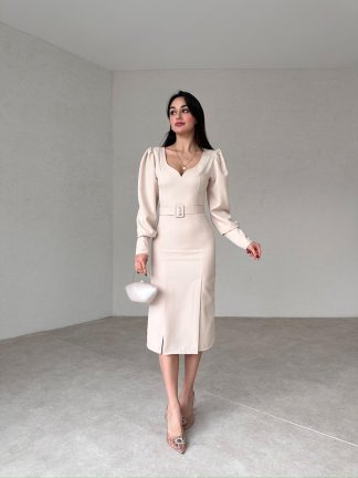 Çift Yırtmaçlı Midi OSWALD Elbise 2053 - Krem - 2