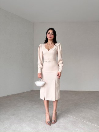 Çift Yırtmaçlı Midi OSWALD Elbise 2053 - Krem - 4