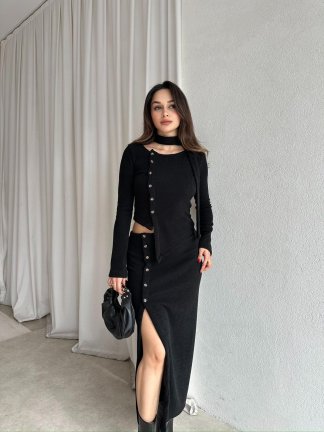 CİTRUS Triko Fularlı Takım 8768 - Siyah - 2