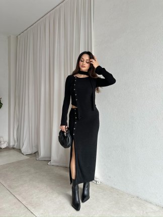 CİTRUS Triko Fularlı Takım 8768 - Siyah 