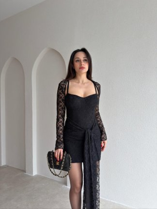 CLANCY Dantelli Mini Elbise 2154 - Siyah - 2