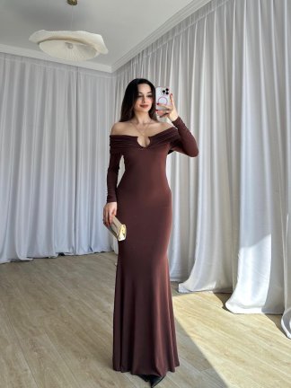 CLARET Maxi Elbise 8277 - Acı Kahve - 4