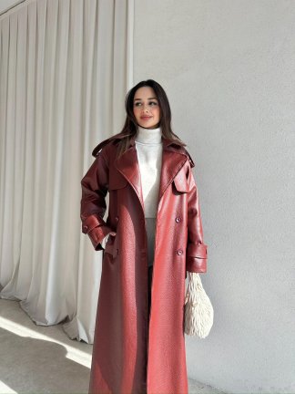 CROCODİLE Desen Deri Trençkot 8346 - Bordo 