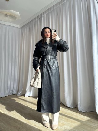 CROCODİLE Desen Deri Trençkot 8346 - Siyah - 4