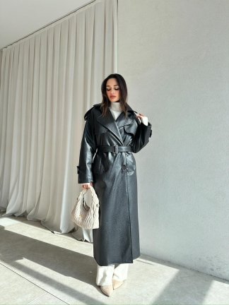 CROCODİLE Desen Deri Trençkot 8346 - Siyah - 2