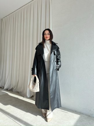 CROCODİLE Desen Deri Trençkot 8346 - Siyah - 3