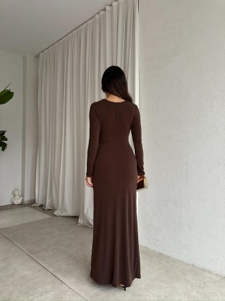 CROSS Maxi Elbise 7301 - Acı Kahve - 4