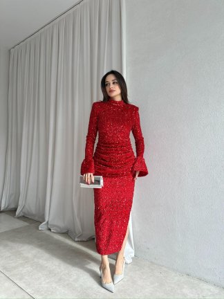 CRUSH Payetli Midi Elbise 8616 - Kırmızı - 4