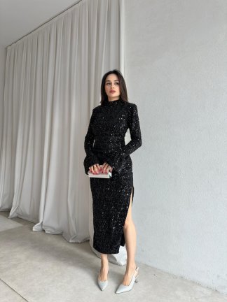 CRUSH Payetli Midi Elbise 8616 - Siyah - 4