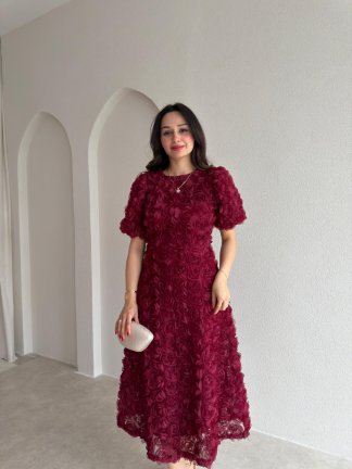 CUTE Kabartma Gül Desenli Midi Elbise 1807 - Bordo 